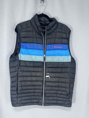 Cotopaxi Fuego Down Vest Mens Size M/L Black Blue Puffer Hiking Outdoor Thrashed